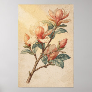 Magnolienzweig Botanischer Druck Blumenstudie Poster