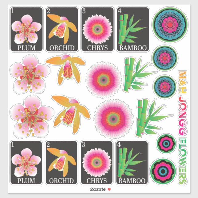 Mah Jongg 4 Blume Stickers Aufkleber (Blatt)