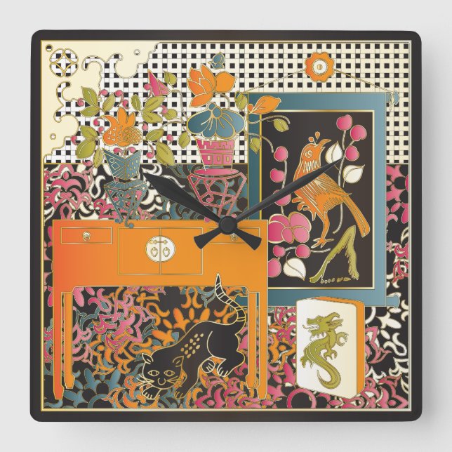 Mah Jongg Orange Quadratische Wanduhr (Vorderseite)