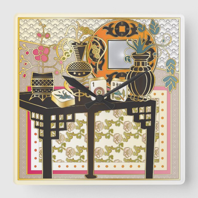 Mah Jongg Table Quadratische Wanduhr (Vorderseite)