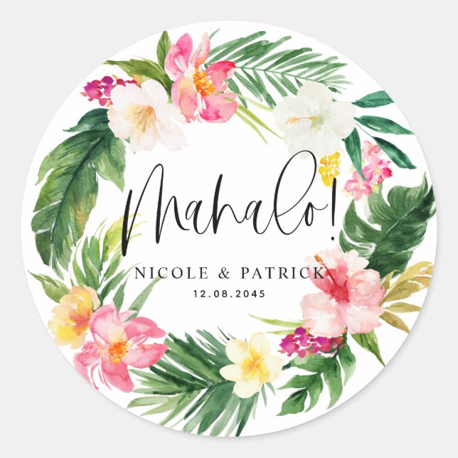 Mahalo Tropical Blume and Greenerity Wedding Runder Aufkleber (Vorderseite)