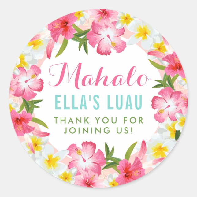 Mahalo Tropical Pink Floral Lei Vielen Dank Runder Aufkleber (Vorderseite)