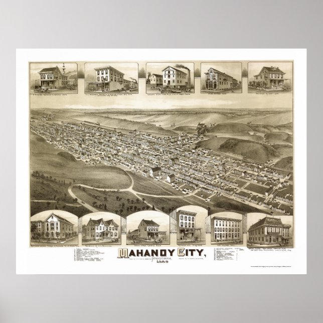 Mahanoy City, PA Panorama Karte - 1889 Poster (Vorne)
