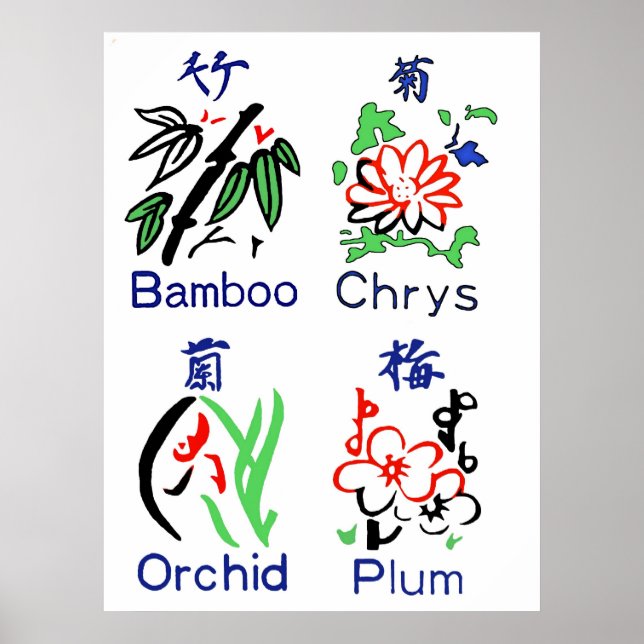 Mahjong Blume Anzug, blau, rot, grün, schwarz auf  Poster (Vorne)