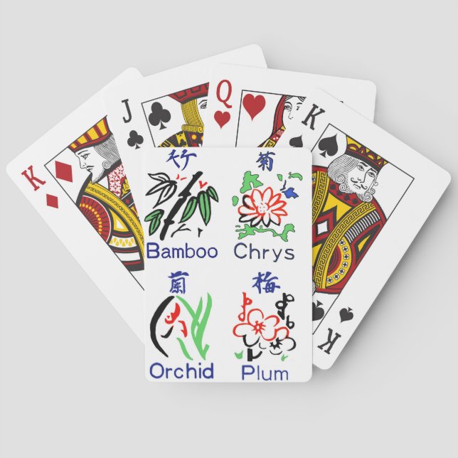Mahjong Blume Anzug, blau, rot, grün, schwarz auf  Spielkarten (Rückseite)