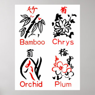 Mahjong Blume Anzug, rot & schwarz auf weiß Poster