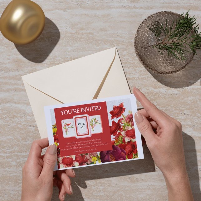 Mahjong Bold Rich Red Florals Einladung (Von Creator hochgeladen)