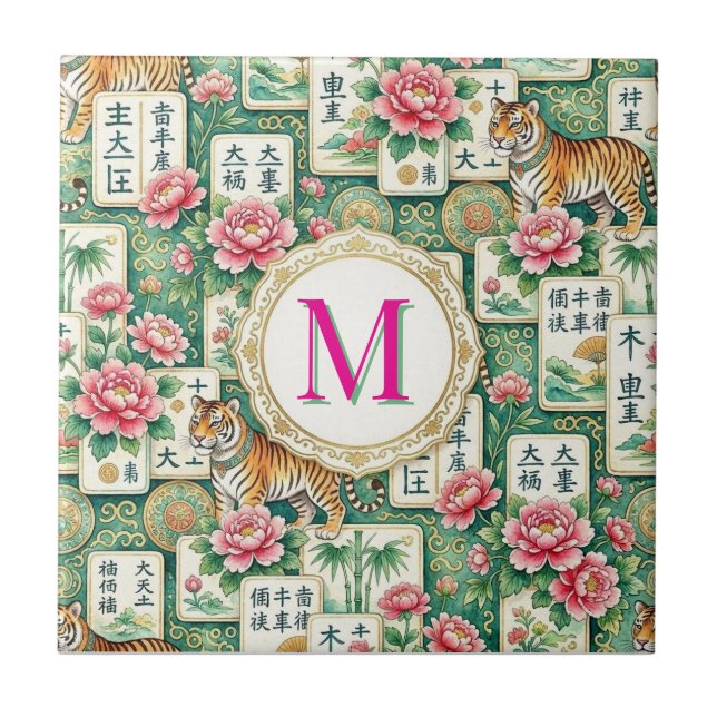 Mahjong Chinoiserie Floral Monogram Personalized  Fliese (Vorderseite)