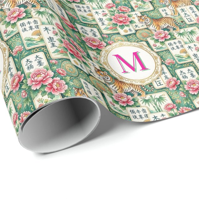 Mahjong Chinoiserie Floral Monogram Personalized  Geschenkpapier (Rolleneckpunkt)