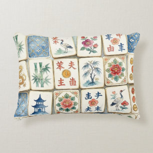 Mahjong-Chinoiserie-Kacheln Aquarell-Blumen Vögel Dekokissen