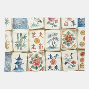 Mahjong-Chinoiserie-Kacheln Aquarell-Blumen Vögel Geschirrtuch