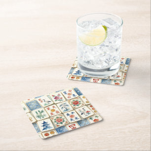Mahjong-Chinoiserie-Kacheln Wasserfarben Blumen Vö Rechteckiger Pappuntersetzer