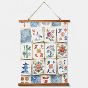 Mahjong-Chinoiserie-Kacheln Wasserfarben Blumen Vö Wandteppich Mit Holzrahmen