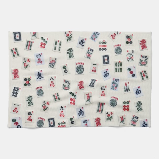 MahJong Fliesen Design Fotografie auf Abzeichen  Geschirrtuch (Horizontal)