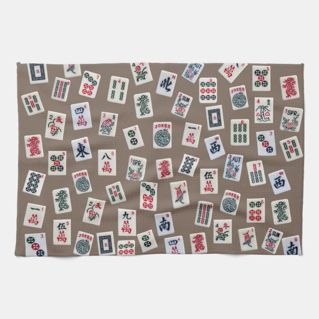 MahJong-Fliesen (Symbole) auf braun Geschirrtuch (Horizontal)