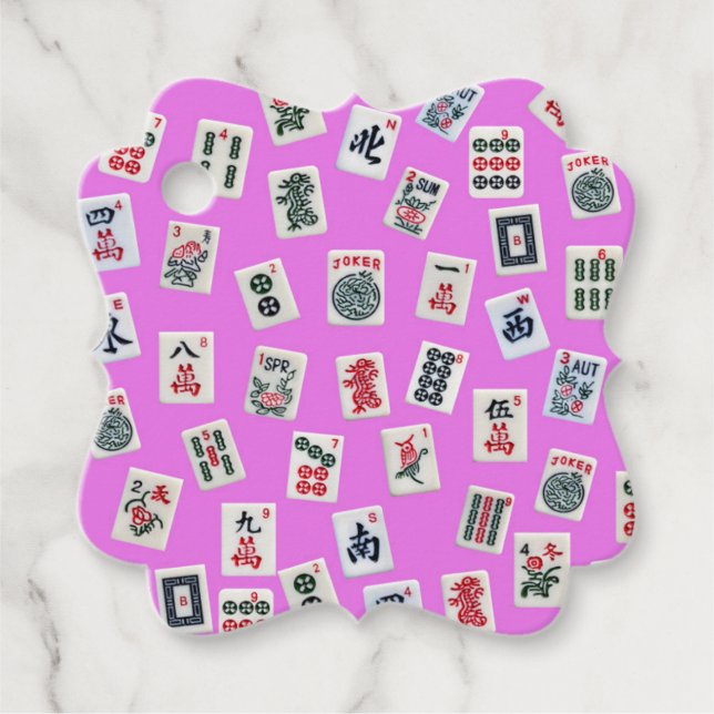 MahJong-Fliesen - Symbole und Muster auf rosa Geschenkanhänger (Vorderseite)