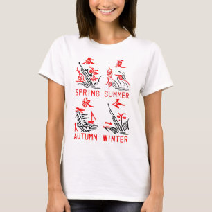 Mahjong Fliesen, vier Jahreszeiten, auf weißem T-Shirt