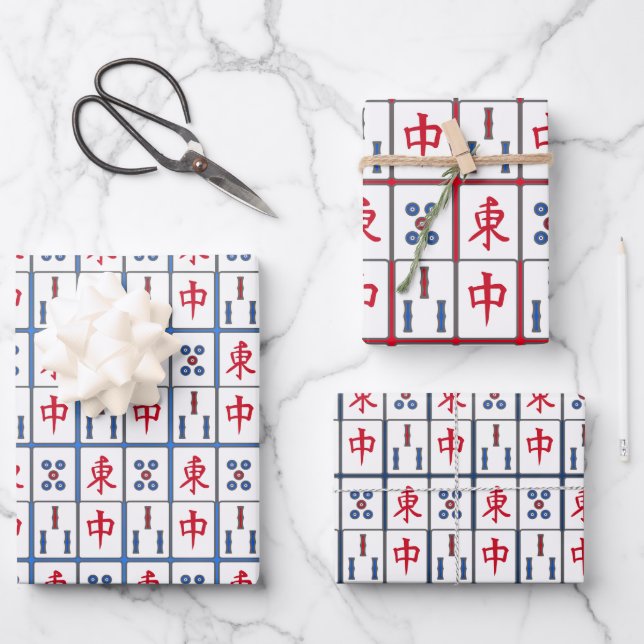 Mahjong Game Tiles Design Wrapping Paper Sheets Geschenkpapier Set (Vorderseite)