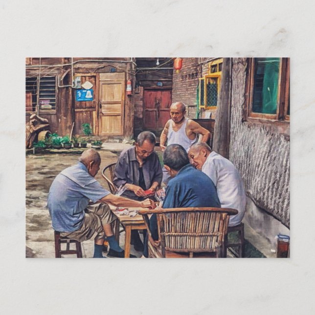 Mahjong in der Alley-Hutong-China Postkarte (Vorderseite)