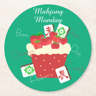 Mahjong-Kacheln und Erdbeercupcake Runder Pappuntersetzer