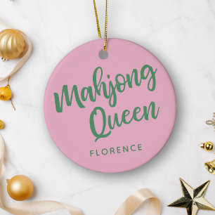 Mahjong-Königin personalisierter Name Pink und Grü Keramik Ornament