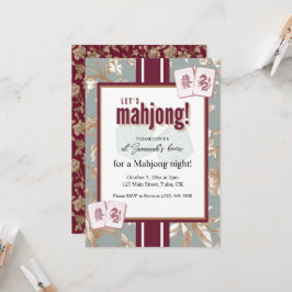 Mahjong-Party-Einladung, burgunderrote Toile, Stei Einladung