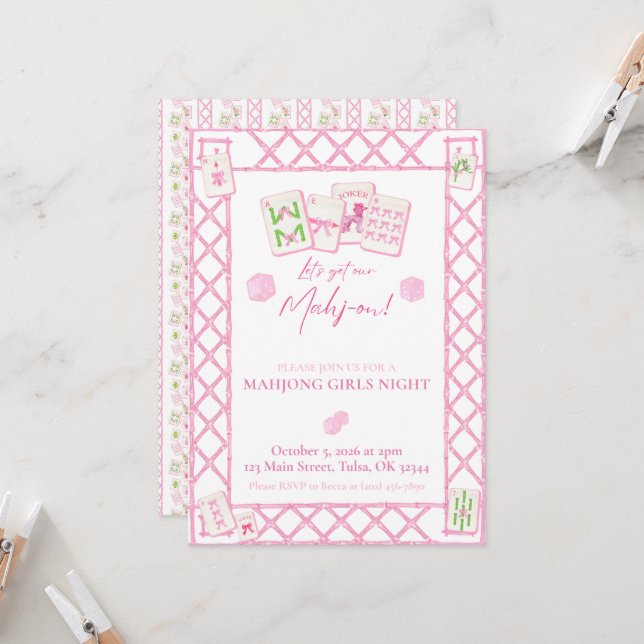 Mahjong Party Einladung, Girls Night Coquette (Vorderseite/Rückseite Beispiel)