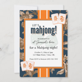 Mahjong-Party-Einladung, navy-gold Toile, Kacheln Einladung