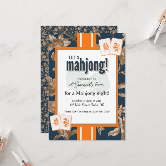 Mahjong-Party-Einladung, navy-gold Toile, Kacheln Einladung