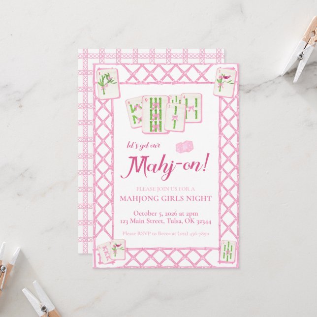 Mahjong Party Einladung, rosa grüne Coquette (Vorderseite/Rückseite Beispiel)
