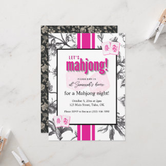 Mahjong-Party-Einladung, schwarz rosa Toile, Stein Einladung