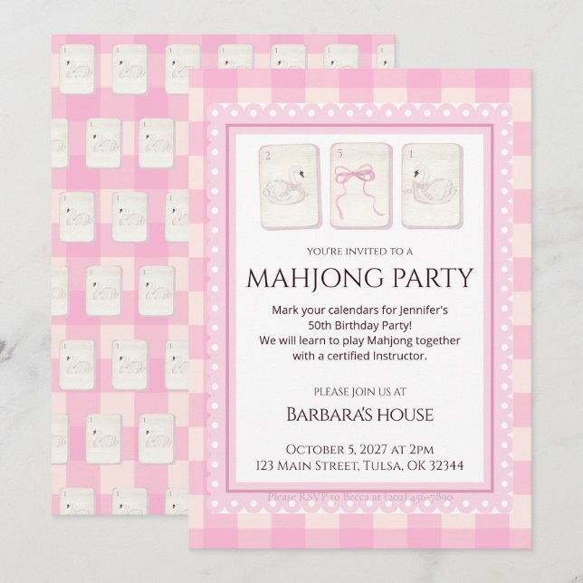Mahjong Party Invitation, grandmillennial swans Einladung (Vorne/Hinten)