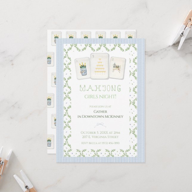 Mahjong Party Invitation, Preppy Champagne  Einladung (Vorderseite/Rückseite Beispiel)
