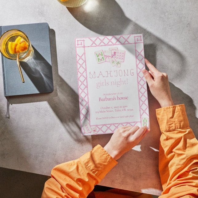 Mahjong Party Invites, Bamboo lettering, pink tile Einladung (Von Creator hochgeladen)