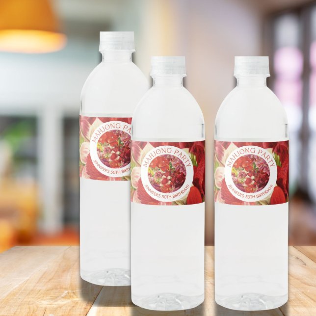 Mahjong Party Rich Bold Floral Custom Wasserflaschenetikett (Von Creator hochgeladen)