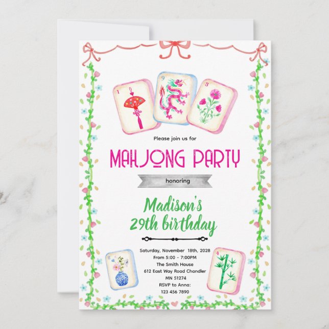Mahjong party theme invitation einladung (Vorderseite)