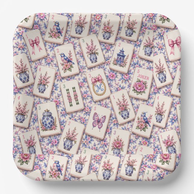 Mahjong rosa und blaue Kacheln  Pappteller (Vorderseite)