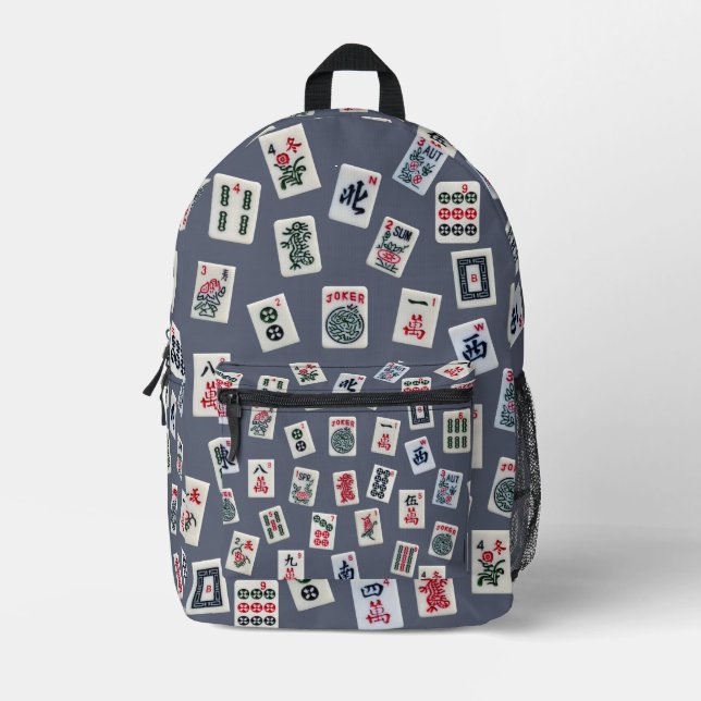 Mahjong Symbole auf dunkelblau Bedruckter Rucksack (Vorderseite)