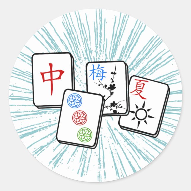 Mahjong Tiles Blue Runder Aufkleber (Vorderseite)