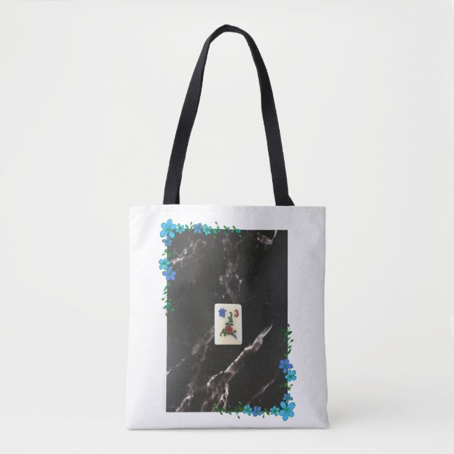 Mahjong Tote Bag mit blauem Blumenakzent (Vorderseite)
