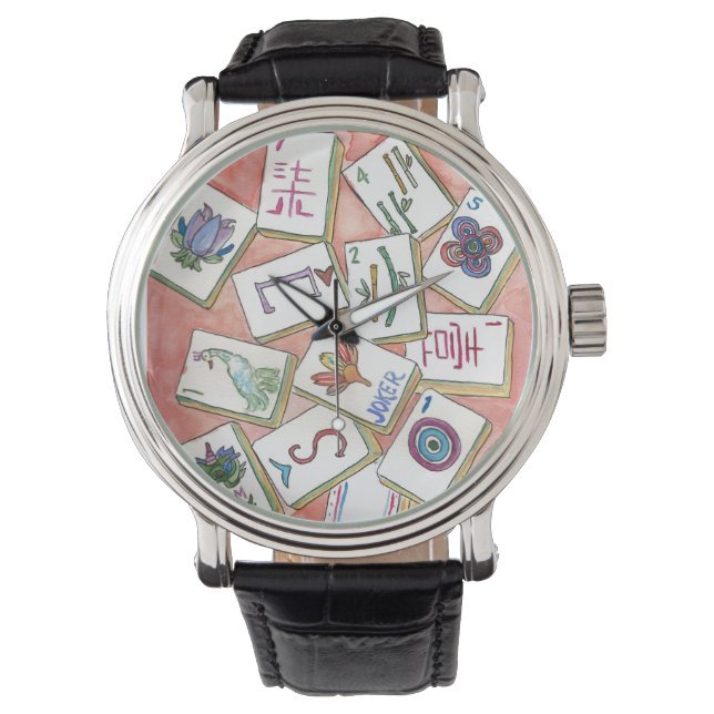 Mahjong-Uhr Pfirsich Armbanduhr (Vorderseite)