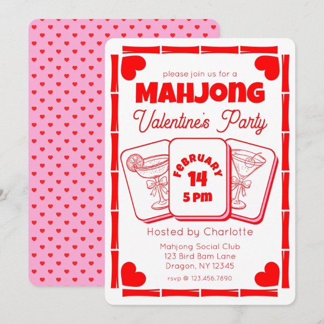 Mahjong Valentine's Party Invitation Einladung (Vorne/Hinten)