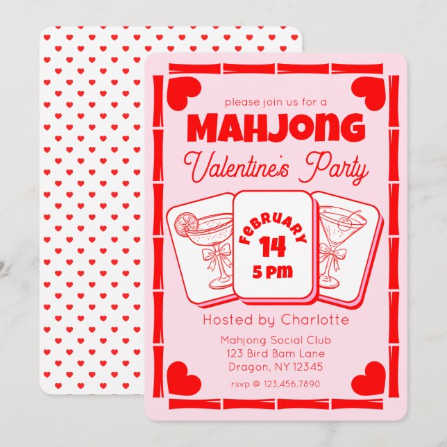 Mahjong Valentine's Pink Party Invitation Einladung (Vorne/Hinten)
