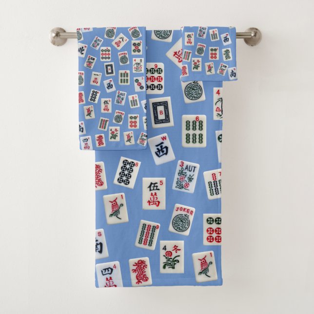 MahJongg-Fliesen (Symbole) auf blau Badhandtuch Set (Insitu)