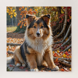 Mahogany Sable Rough Collie Pup im Herbst Leaves Puzzle