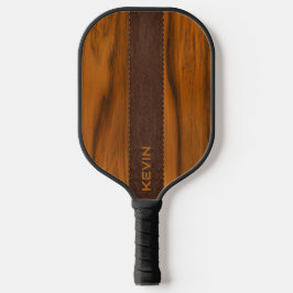 Mahogany Wood And Leather Texture Monogram Pickleball Schläger