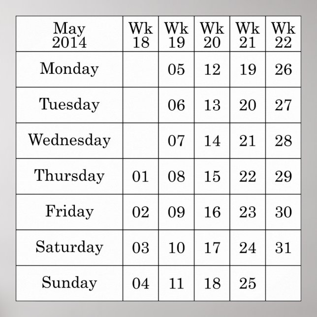 Mai 2014 Kalenderwochen Poster (Vorne)