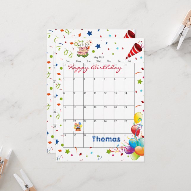 Mai 2022 Kalender Glückwunsch Geburtstag Einladung (Vorderseite/Rückseite Beispiel)