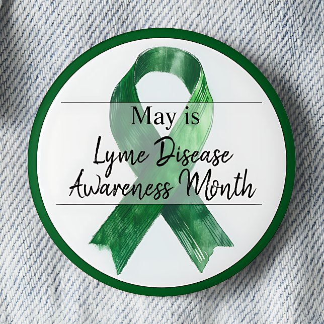 Mai Limoner Krankheitsverlauf Button (May is Lyme Disease Awareness Month pinback button.  Green awareness ribbon.)