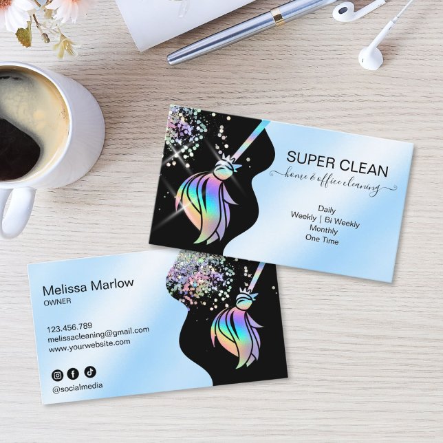 Maid Cleaning House Sparkling Holograph Business C Visitenkarte (Maid Cleaning House Sparkling Business Card with holographic broom logo, glitter and water splash)